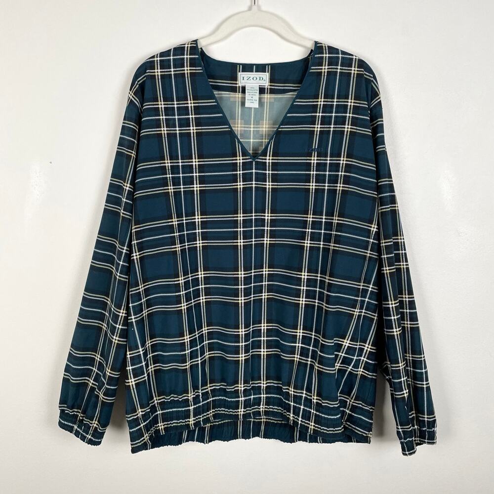 Vintage 90s Izod Windbreaker Jacket Womens M Teal Blue Plaid Nylon Pullover Golf